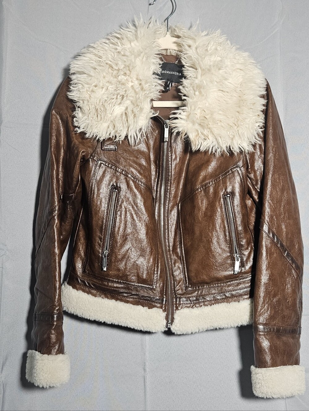 BCBGMAXAZRIA Faux Leather Fur Bomber Aviator Moto Penny Lane Jacket Y2K Brown XS
